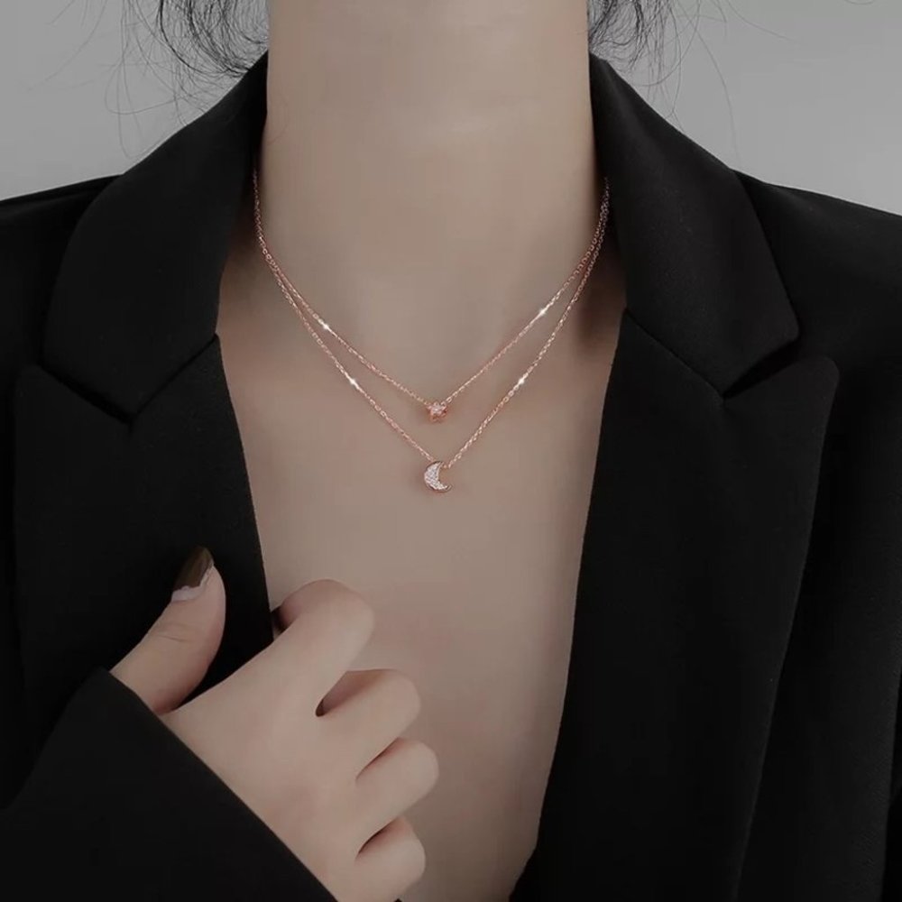 New Sterling Silver Layered Star & Moon Necklace - Picture 2 of 4